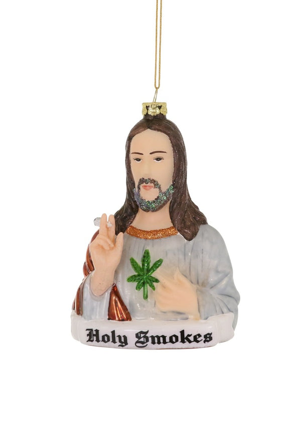 Håndmalet glasornament formet som pilleglas med cannabisblad og teksten Holy Smokes