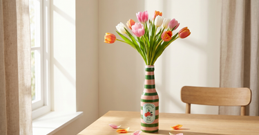 Tulipaner i en stribet keramik-flaskevase fra Kersten i blødt morgenlys
