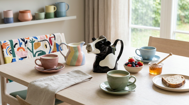 Mælkekander stillet frem på et lyst bord