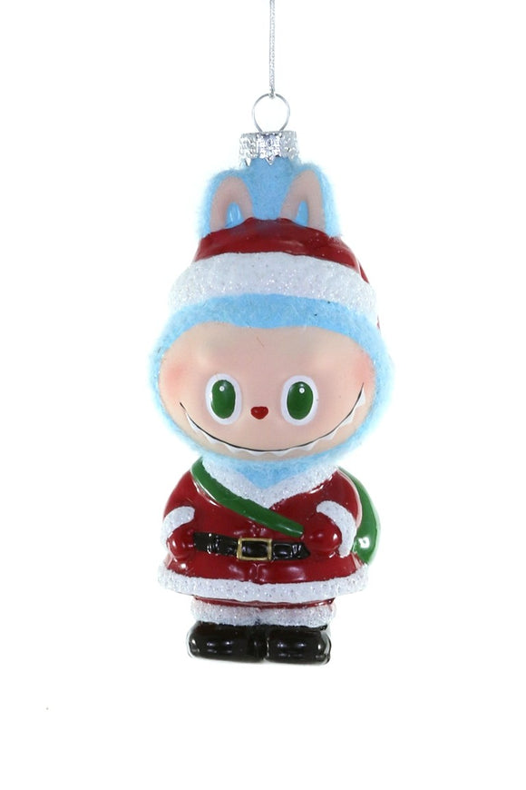 Håndmalet glasornament med lyseblåt, loddent monster klædt som julemanden med rød nissehue