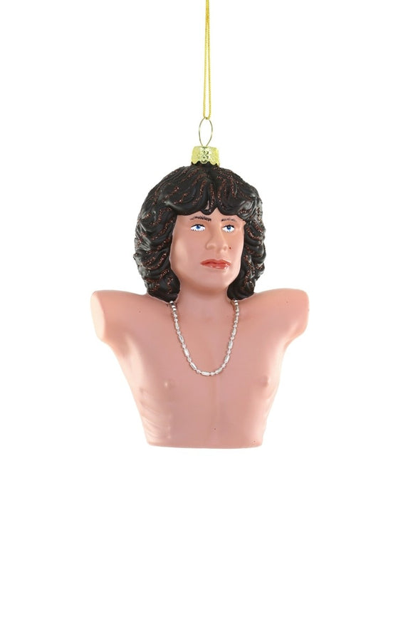 Juleornament af glas med Jim Morrison som barbrystet rockbuste med halskæde